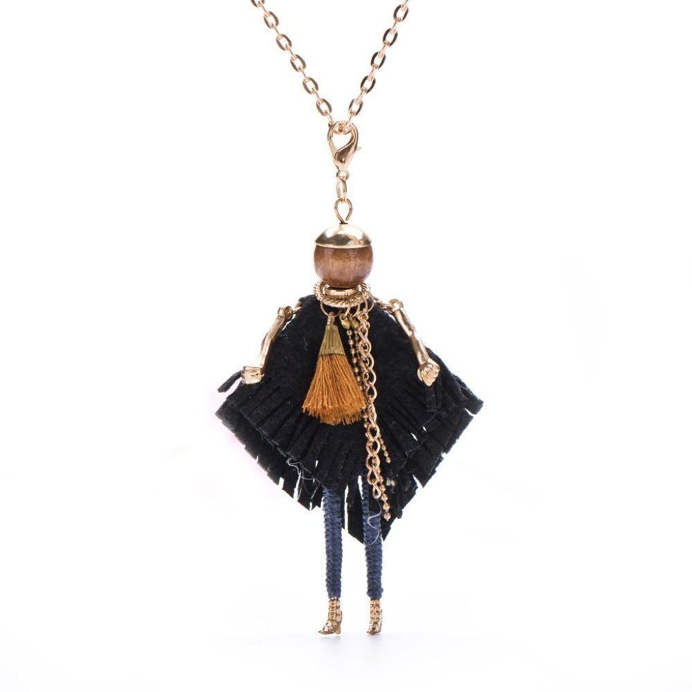 French Dancing Doll in Black Poncho Statement Pendant Necklace NEW! 33x2